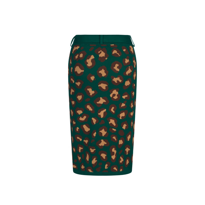 Conjunto de Vestido de Alças em Malha Jacquard Verde com Estampado Retro de Leopardo para Mulher