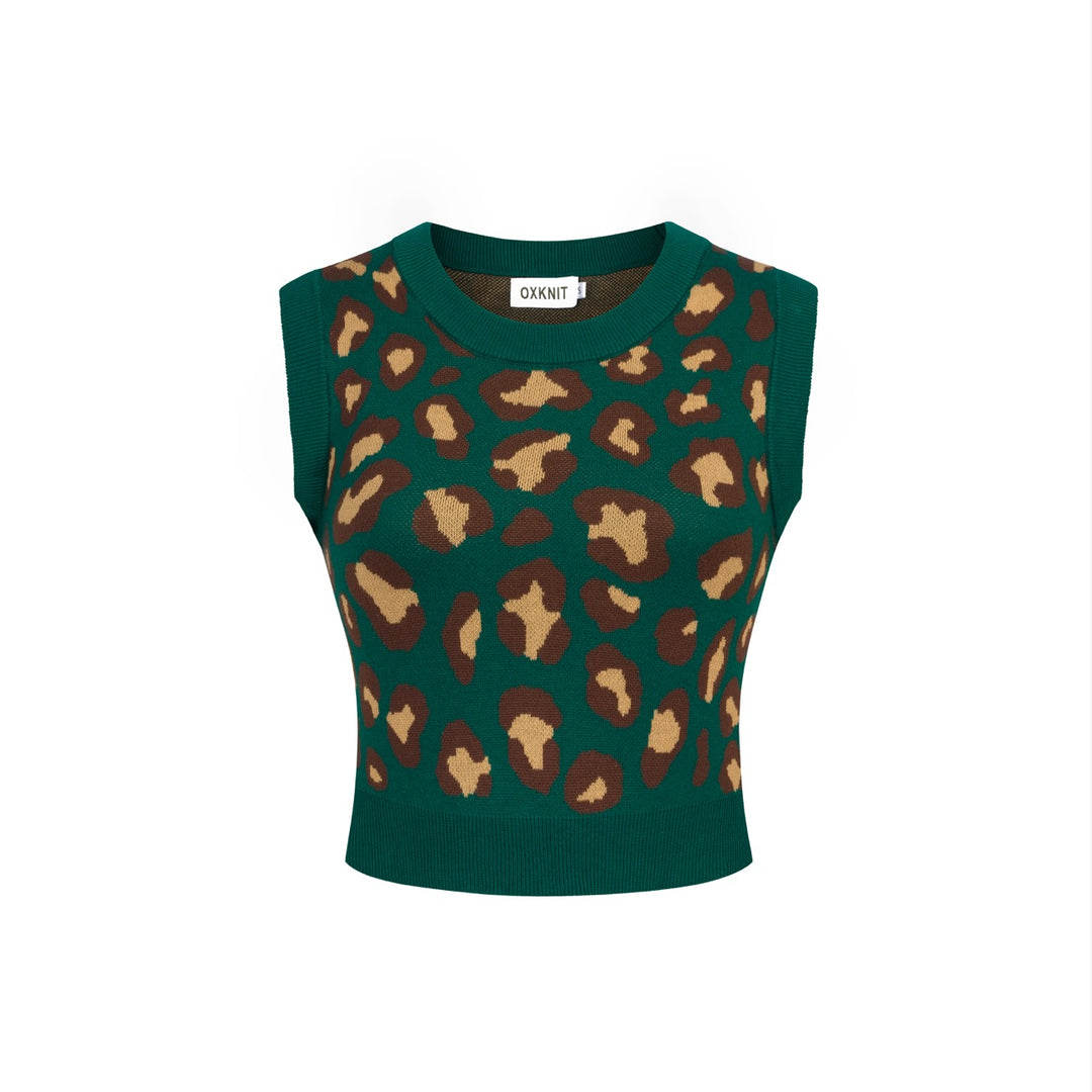 Conjunto de Vestido de Alças em Malha Jacquard Verde com Estampado Retro de Leopardo para Mulher
