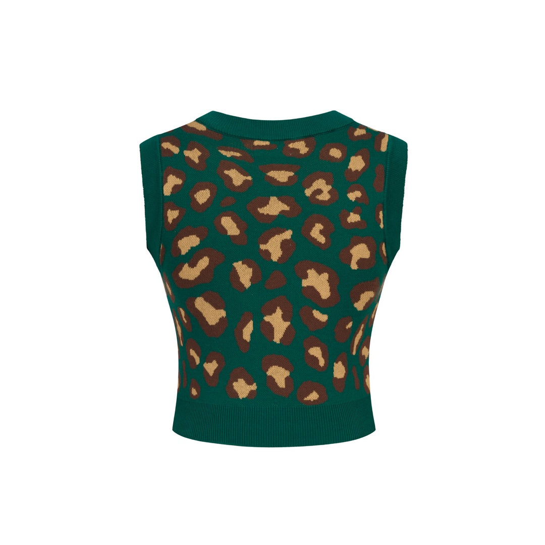 Conjunto de Vestido de Alças em Malha Jacquard Verde com Estampado Retro de Leopardo para Mulher
