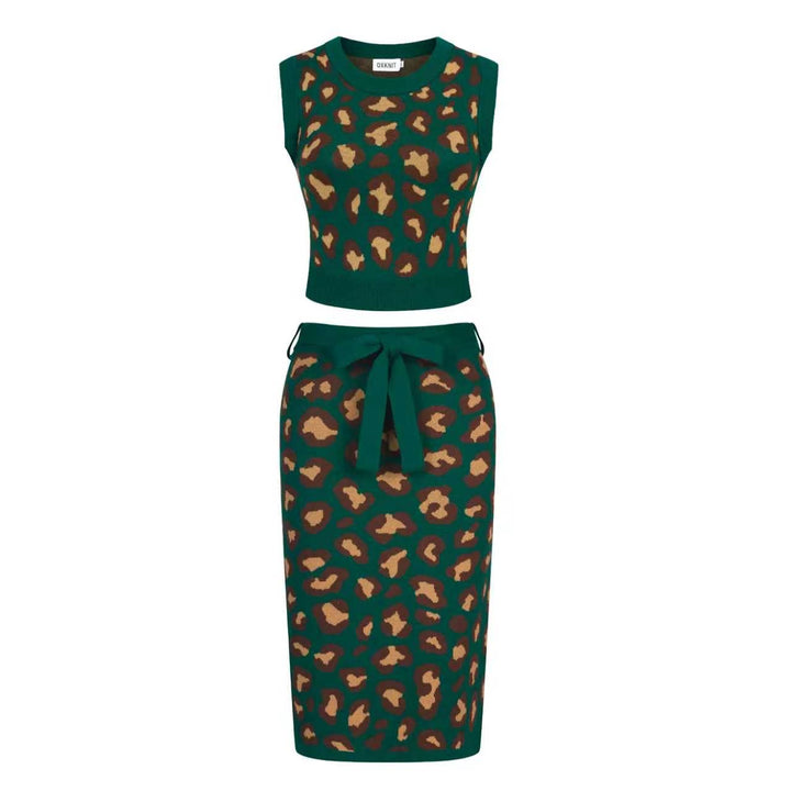 Conjunto de Vestido de Alças em Malha Jacquard Verde com Estampado Retro de Leopardo para Mulher
