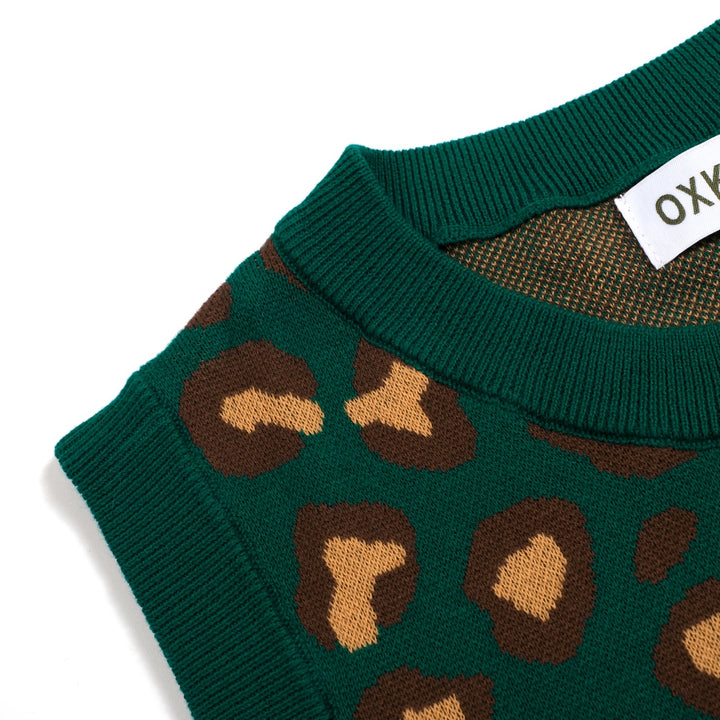 Conjunto de Vestido de Alças em Malha Jacquard Verde com Estampado Retro de Leopardo para Mulher