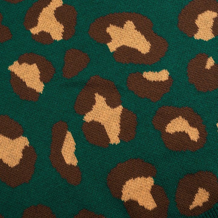 Conjunto de Vestido de Alças em Malha Jacquard Verde com Estampado Retro de Leopardo para Mulher