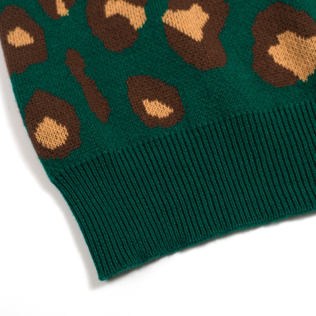 Conjunto de Vestido de Alças em Malha Jacquard Verde com Estampado Retro de Leopardo para Mulher