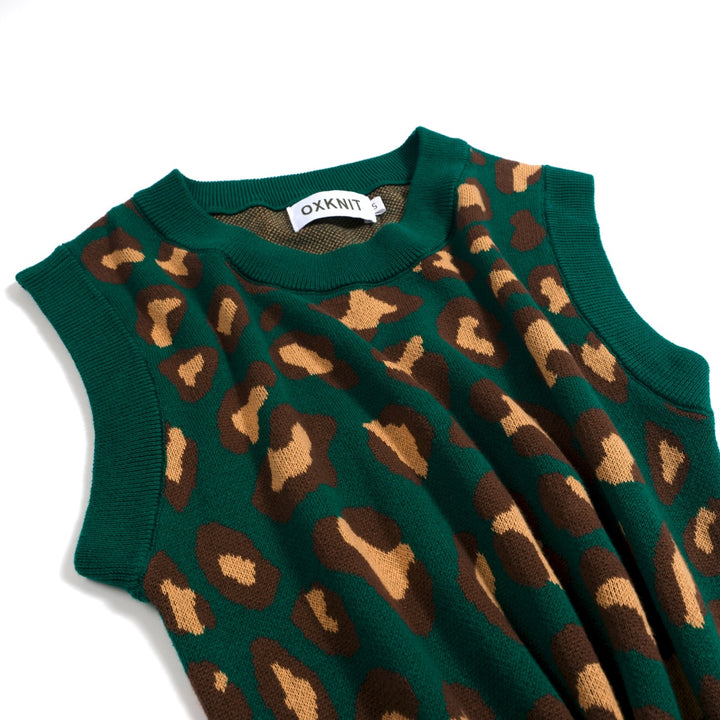 Conjunto de Vestido de Alças em Malha Jacquard Verde com Estampado Retro de Leopardo para Mulher