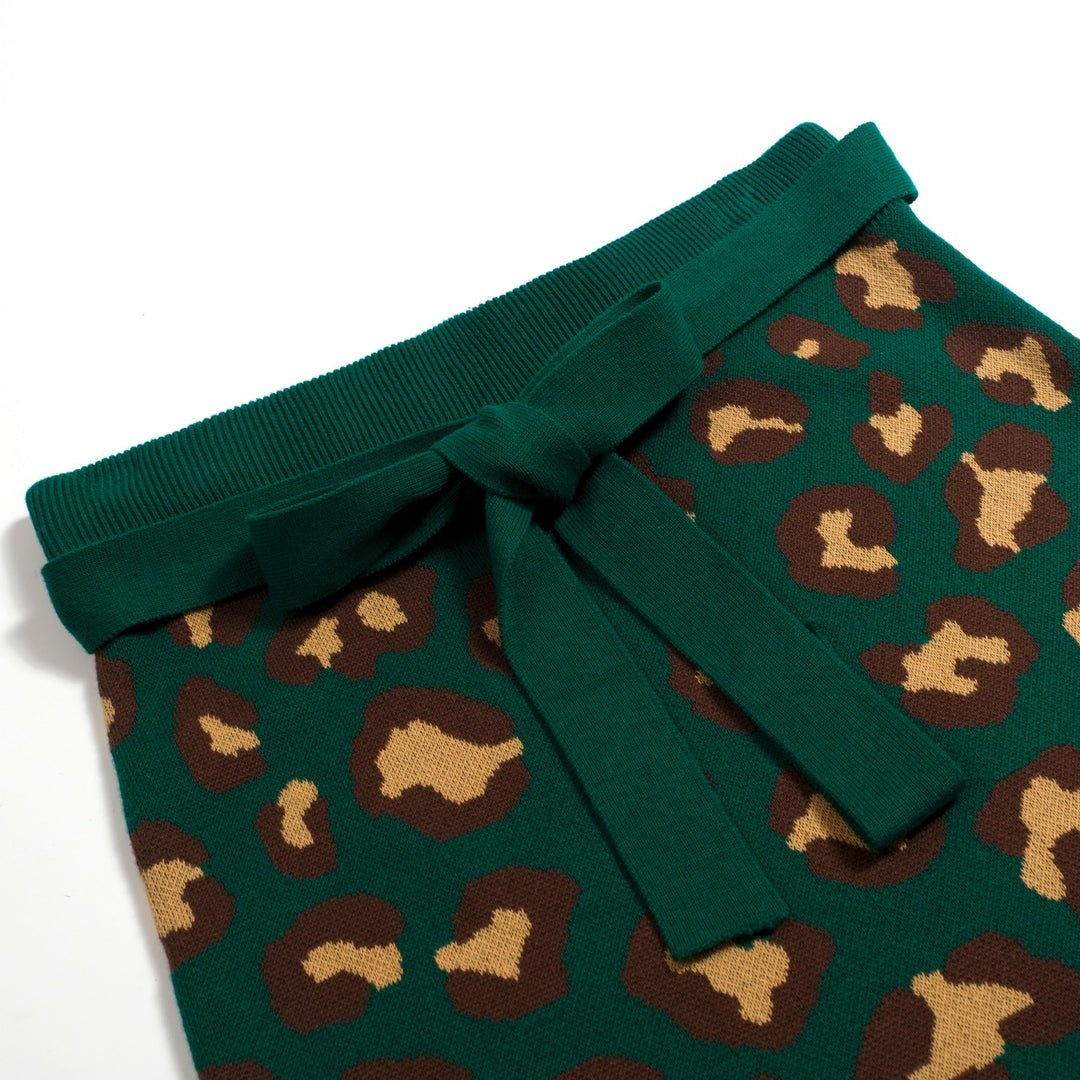 Conjunto de Vestido de Alças em Malha Jacquard Verde com Estampado Retro de Leopardo para Mulher