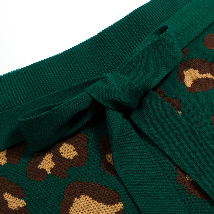 Conjunto de Vestido de Alças em Malha Jacquard Verde com Estampado Retro de Leopardo para Mulher
