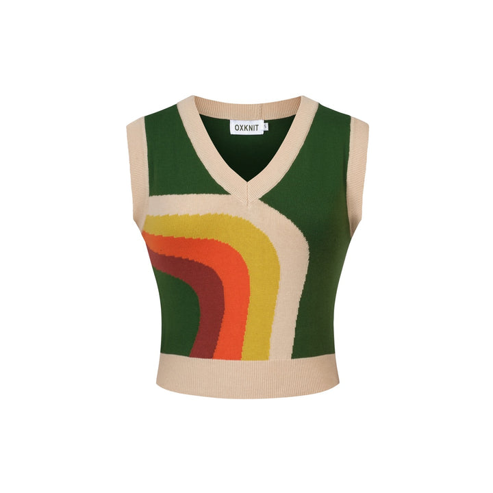 Ensemble robe débardeur en maille jacquard à motif courbé rétro vert pour femme