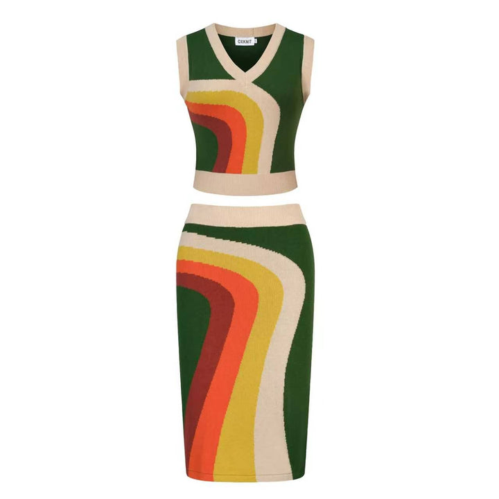 Ensemble robe débardeur en maille jacquard à motif courbé rétro vert pour femme