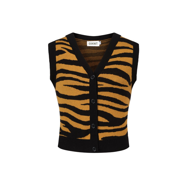 Ensemble robe débardeur et cardigan jacquard jaune rétro à motif tigre pour femme