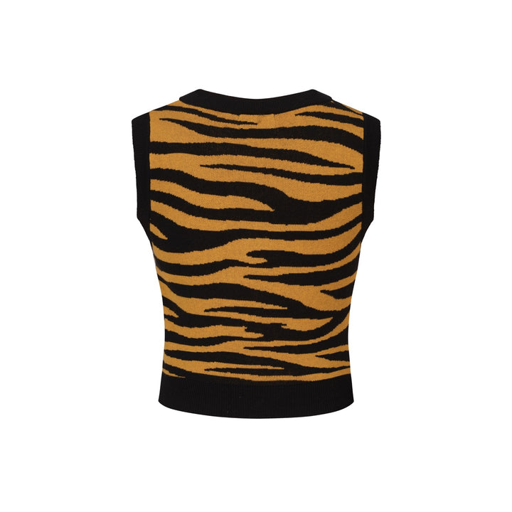 Ensemble robe débardeur et cardigan jacquard jaune rétro à motif tigre pour femme