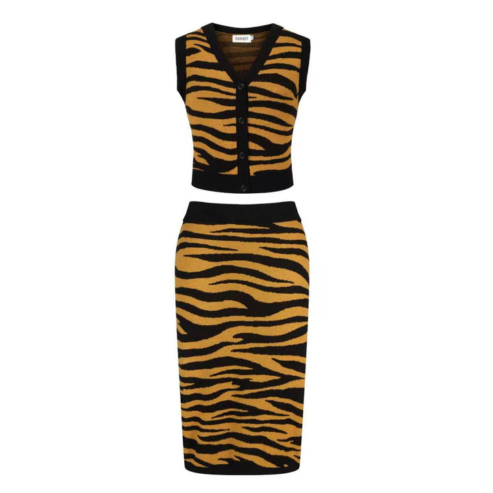 Ensemble robe débardeur et cardigan jacquard jaune rétro à motif tigre pour femme