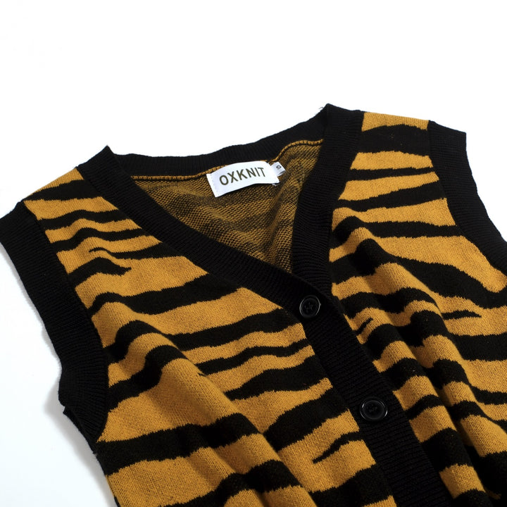 Ensemble robe débardeur et cardigan jacquard jaune rétro à motif tigre pour femme