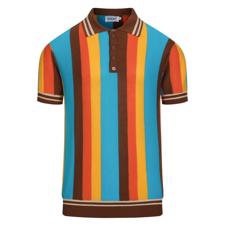 Men's 70s Colorful Striped Jacquard Polo Knit Shirt