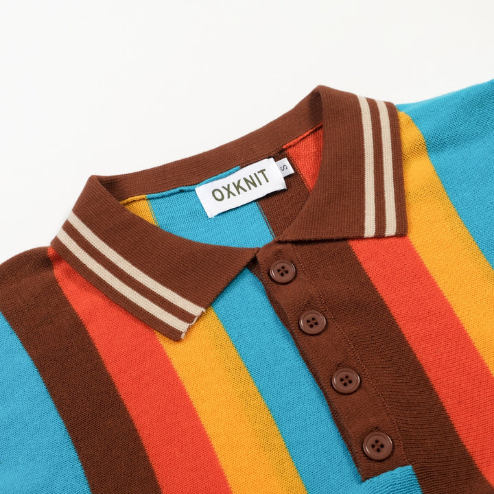 Men's 70s Colorful Striped Jacquard Polo Knit Shirt