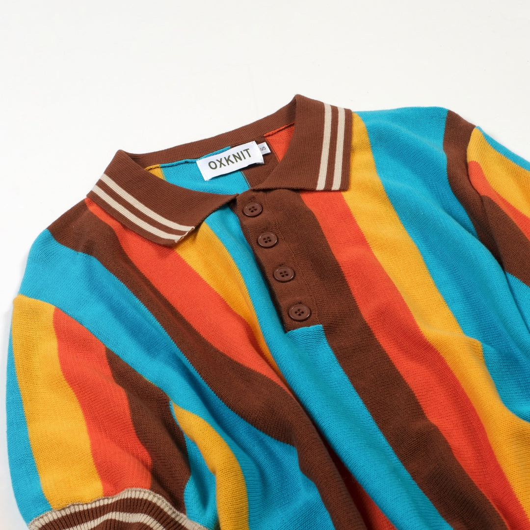 Men's 70s Colorful Striped Jacquard Polo Knit Shirt