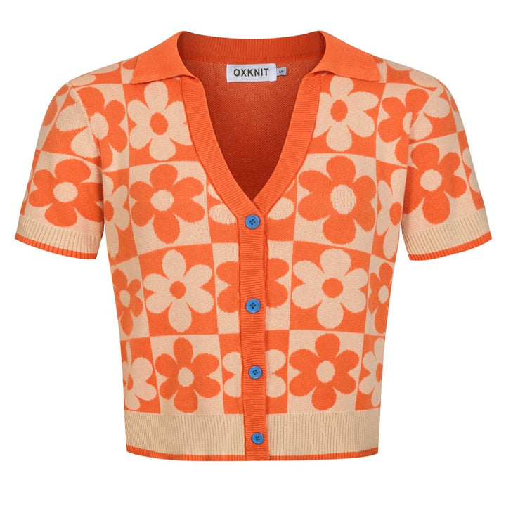 Women's Orange Retro Floral Art Jacquard Knit Top T-Shirt - Cropped Length