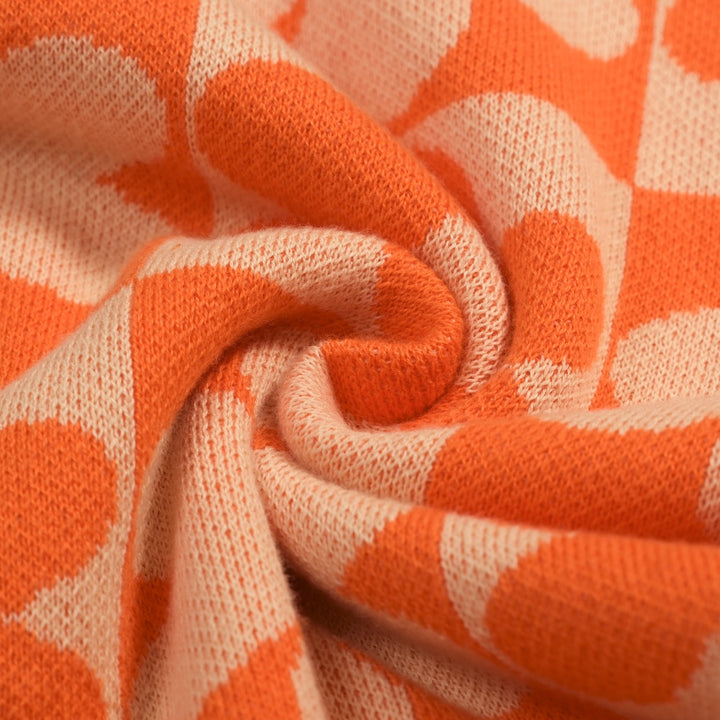 Women's Orange Retro Floral Art Jacquard Knit Top T-Shirt - Cropped Length