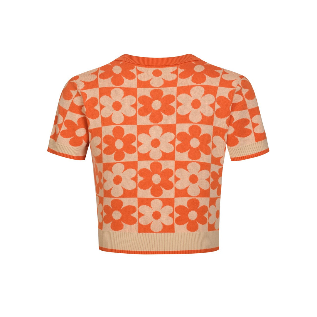 Women's Orange Retro Floral Art Jacquard Knit Top T-Shirt - Cropped Length