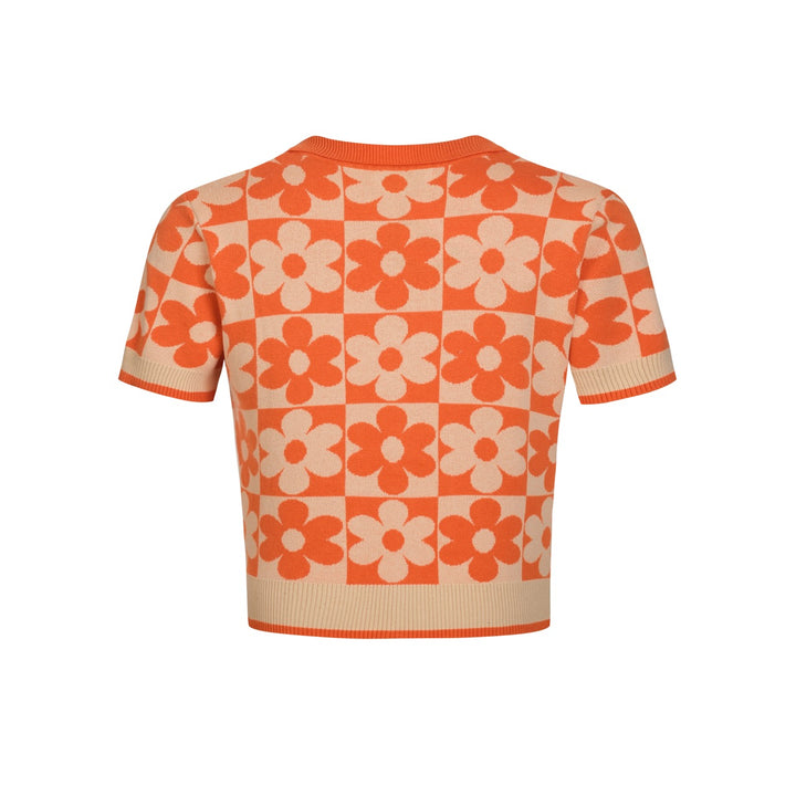 Women's Orange Retro Floral Art Jacquard Knit Top T-Shirt - Cropped Length
