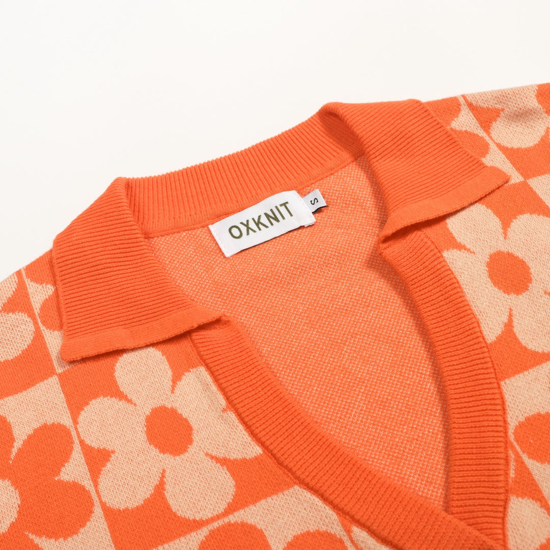 Women's Orange Retro Floral Art Jacquard Knit Top T-Shirt - Cropped Length