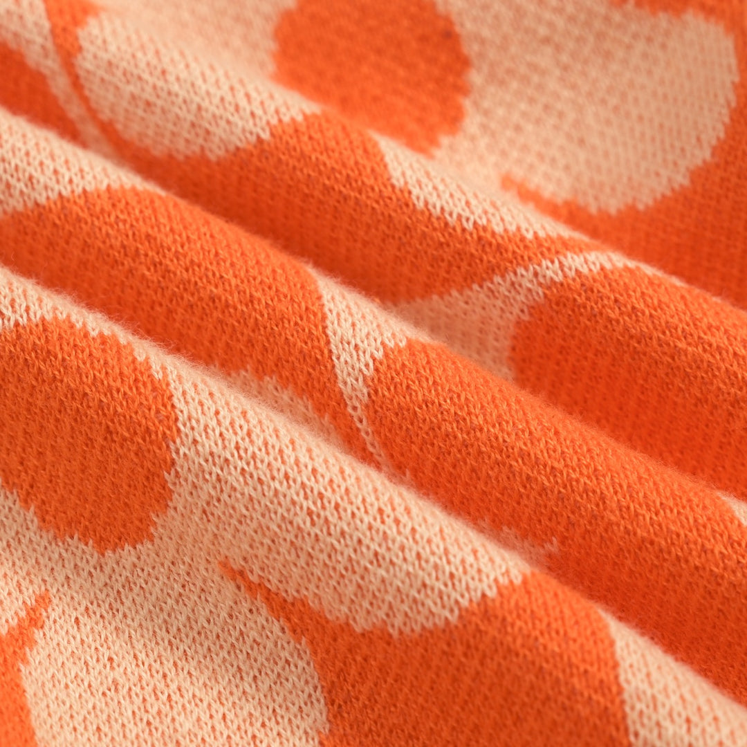 Women's Orange Retro Floral Art Jacquard Knit Top T-Shirt - Cropped Length