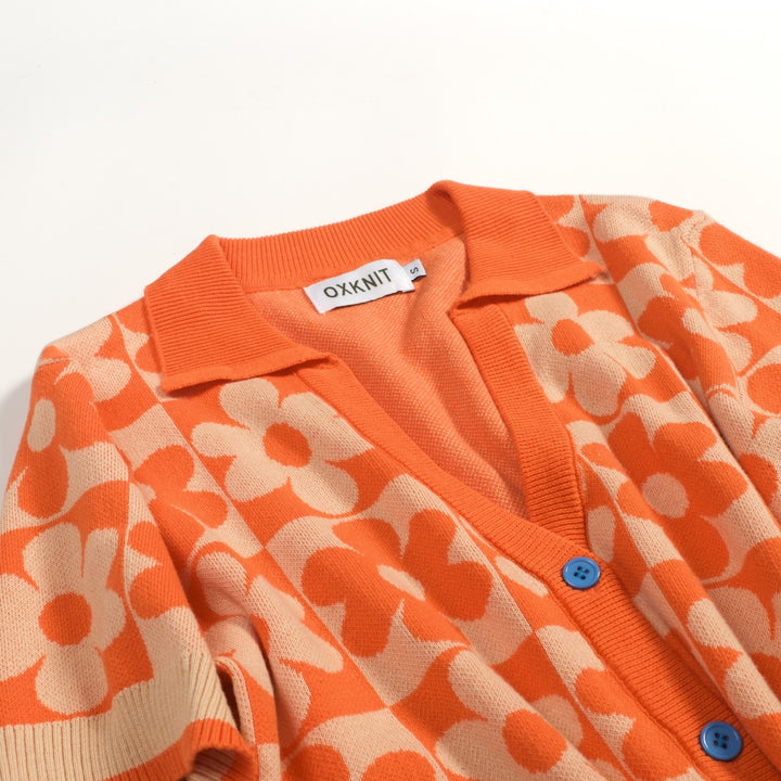 Women's Orange Retro Floral Art Jacquard Knit Top T-Shirt - Cropped Length