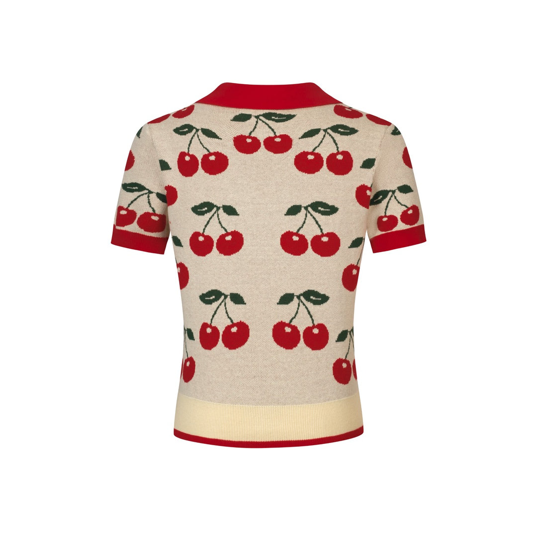 Haut tricoté jacquard rétro rouge à motif cerise pour femme - T-shirt court