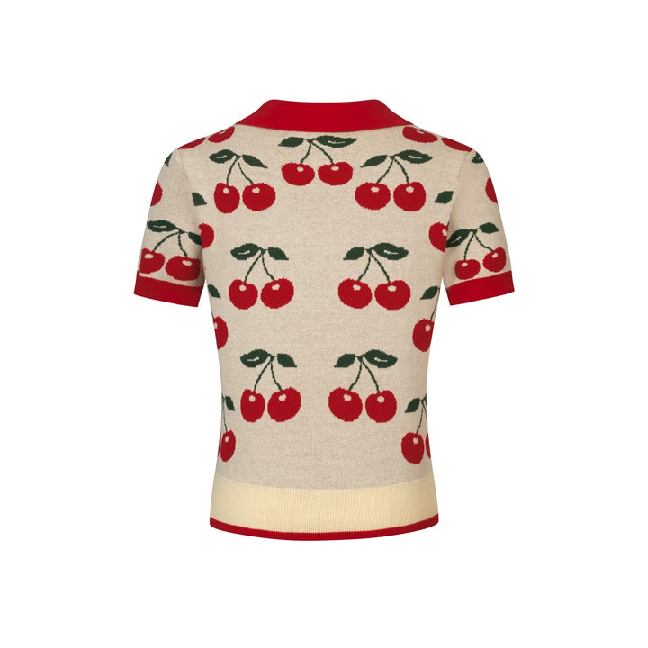 Haut tricoté jacquard rétro rouge à motif cerise pour femme - T-shirt court