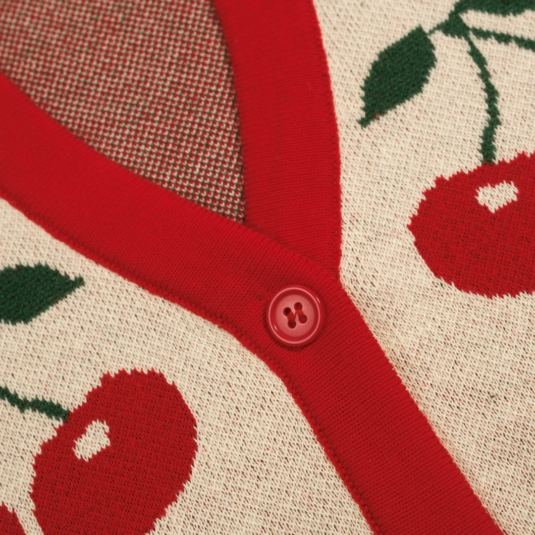 Haut tricoté jacquard rétro rouge à motif cerise pour femme - T-shirt court