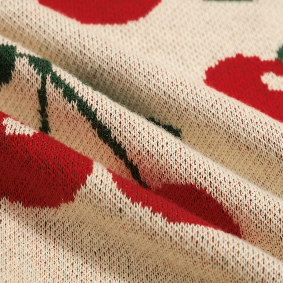 Haut tricoté jacquard rétro rouge à motif cerise pour femme - T-shirt court