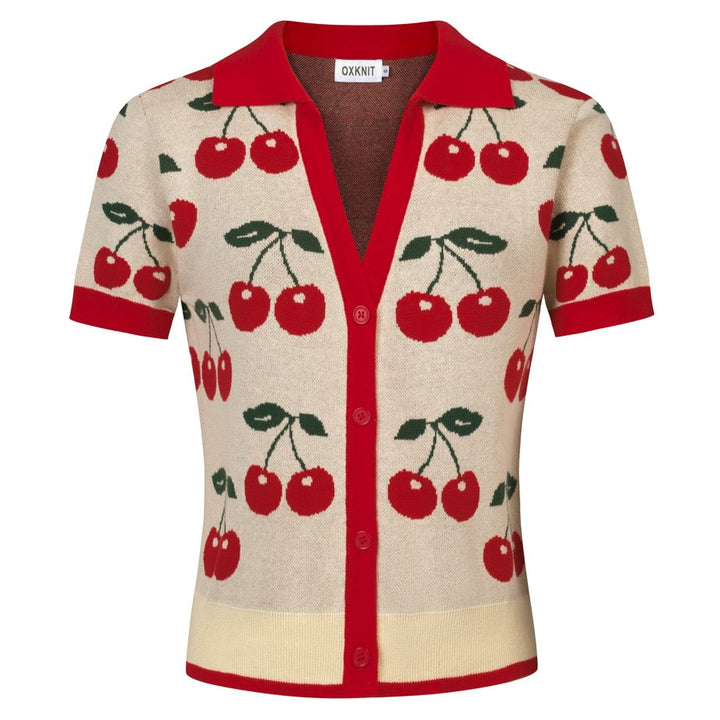 Haut tricoté jacquard rétro rouge à motif cerise pour femme - T-shirt court