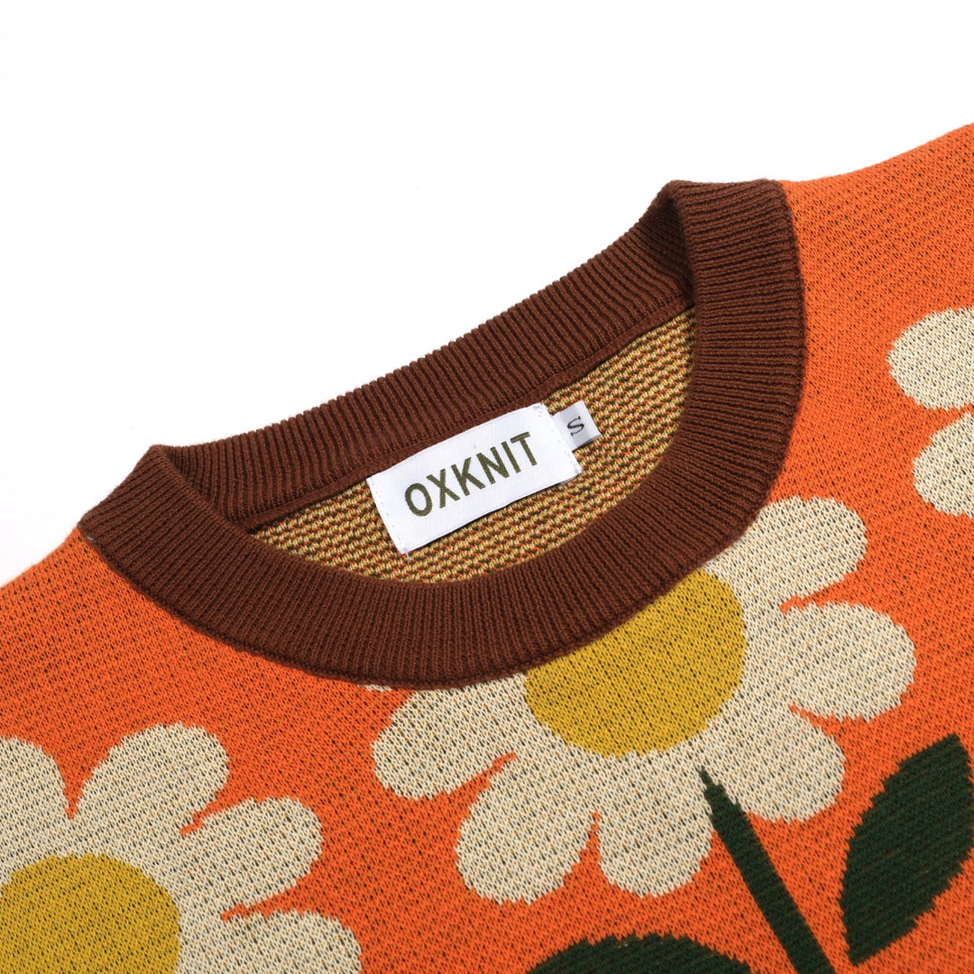 T-shirt en maille jacquard orange à motif floral marguerite années 70 pour femme