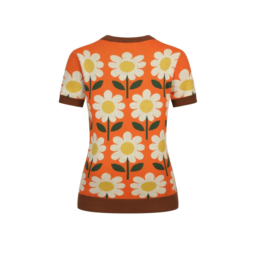 T-shirt en maille jacquard orange à motif floral marguerite années 70 pour femme
