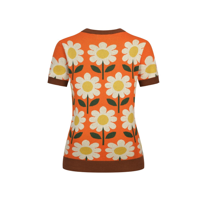 T-shirt en maille jacquard orange à motif floral marguerite années 70 pour femme