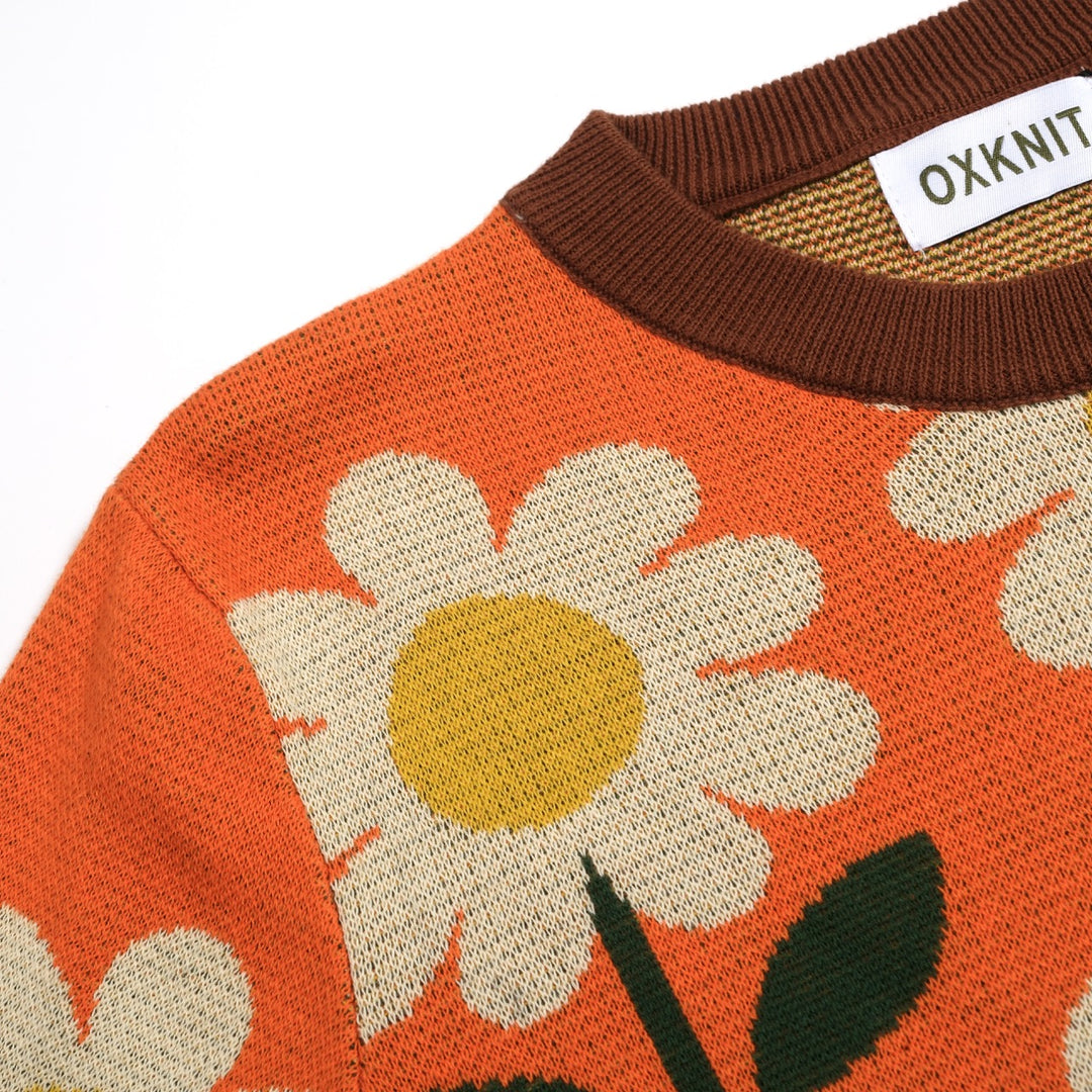 T-shirt en maille jacquard orange à motif floral marguerite années 70 pour femme