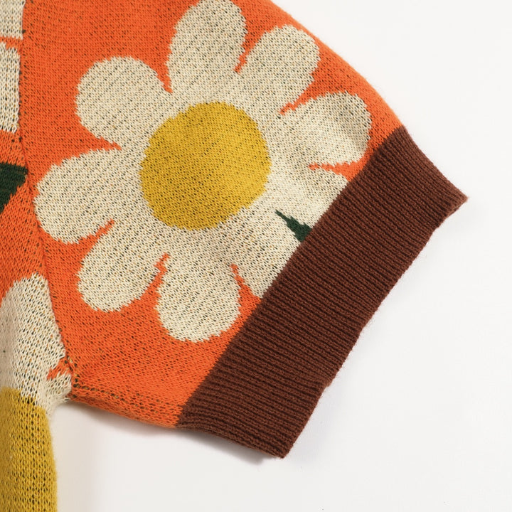 T-shirt en maille jacquard orange à motif floral marguerite années 70 pour femme