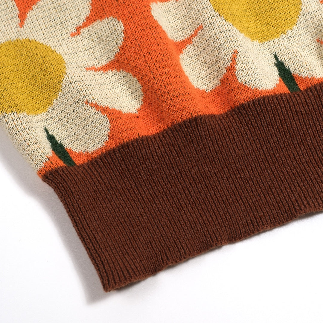 T-shirt en maille jacquard orange à motif floral marguerite années 70 pour femme