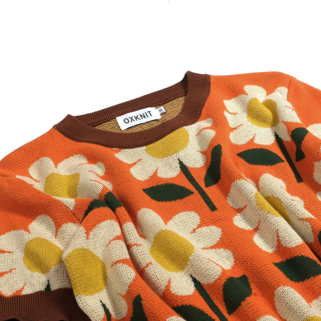T-shirt en maille jacquard orange à motif floral marguerite années 70 pour femme