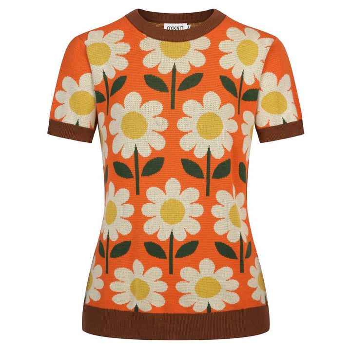 T-shirt en maille jacquard orange à motif floral marguerite années 70 pour femme