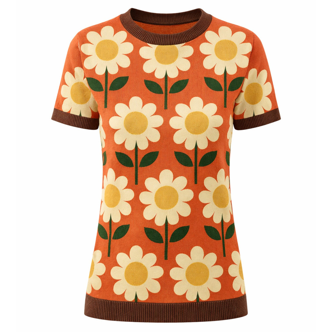Dames Oranje 70s Daisy Bloemen Jacquard Gebreid T-Shirt