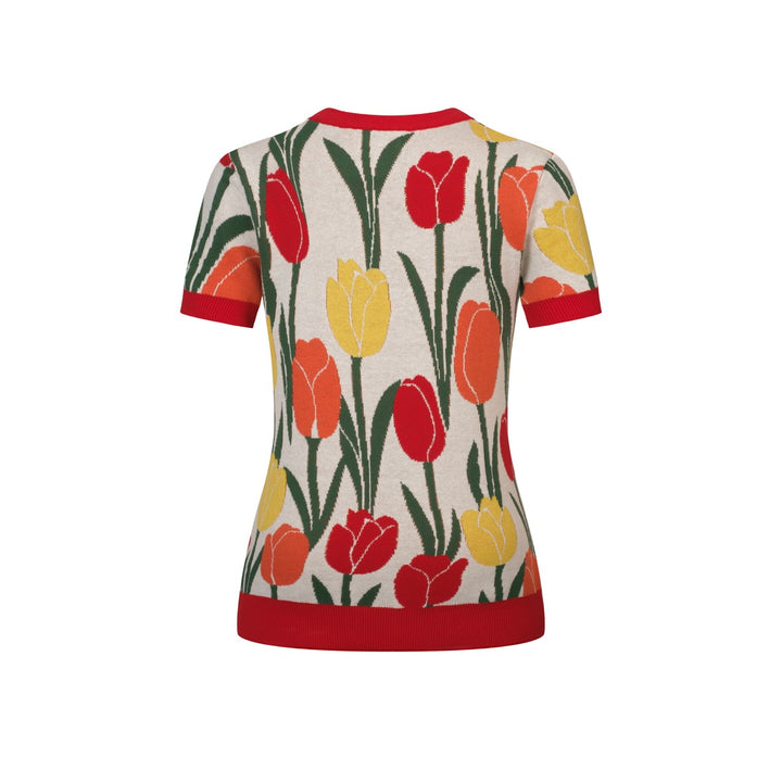 T-shirt en maille jacquard tulipe féminine années 70 pour femme