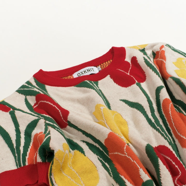 T-shirt en maille jacquard tulipe féminine années 70 pour femme
