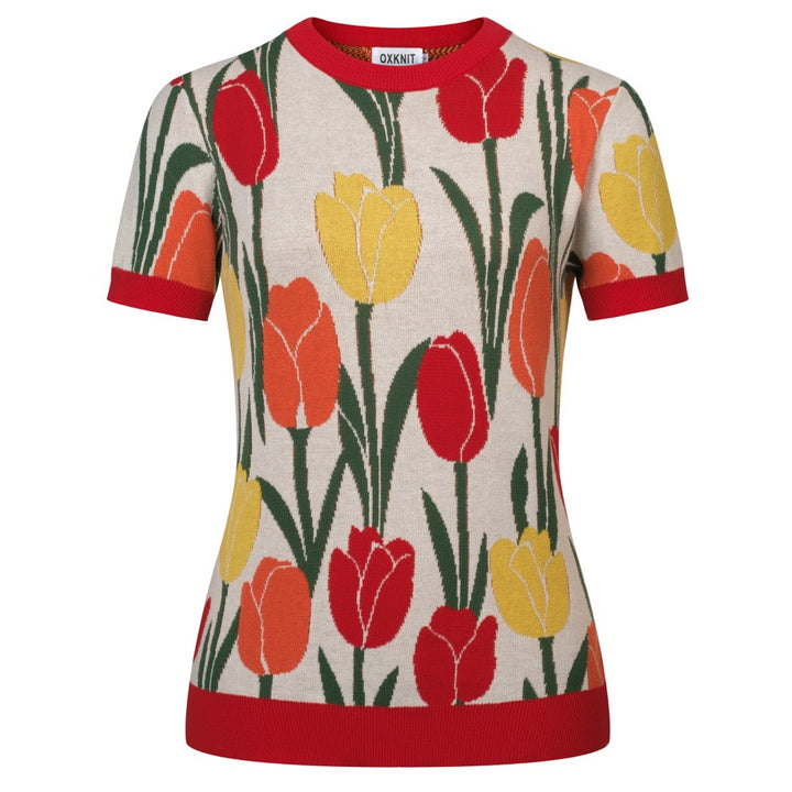 T-shirt en maille jacquard tulipe féminine années 70 pour femme