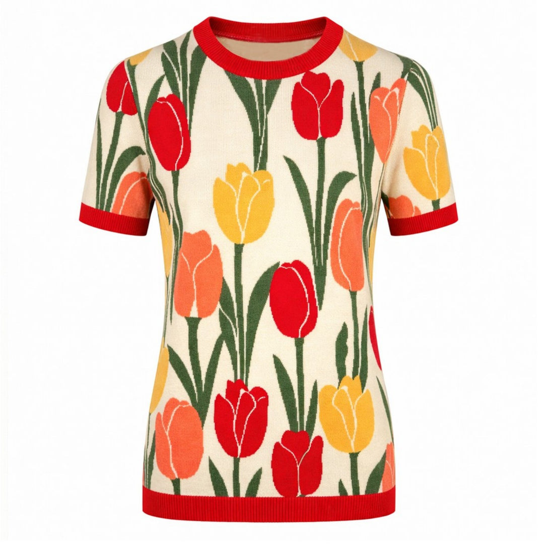 Dames 70s Tulp Girly Jacquard Gebreid T-Shirt