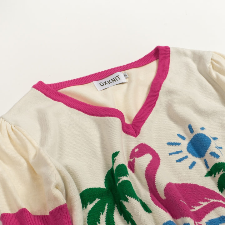 Women's White Retro Summer Vacation Style Jacquard Knit T-Shirt