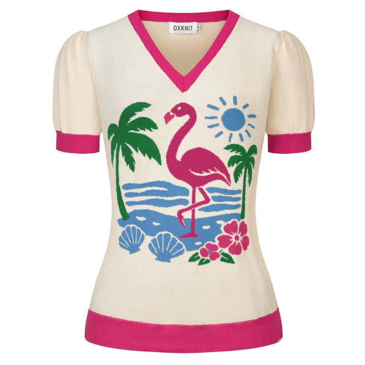 Women's White Retro Summer Vacation Style Jacquard Knit T-Shirt