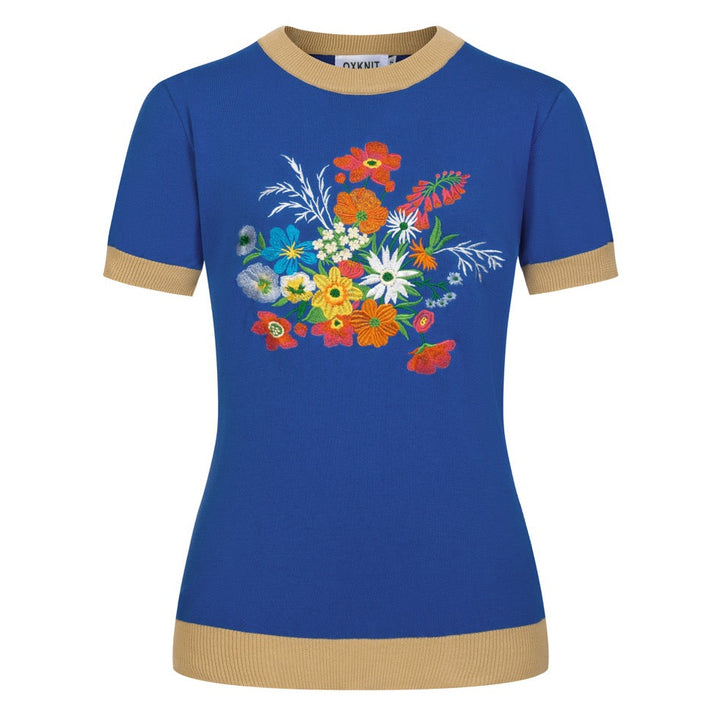 Maglietta da donna blu navy con ricamo floreale retrò