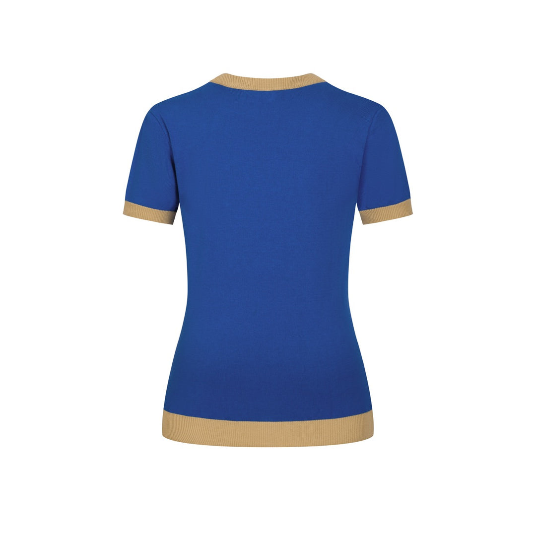 Maglietta da donna blu navy con ricamo floreale retrò