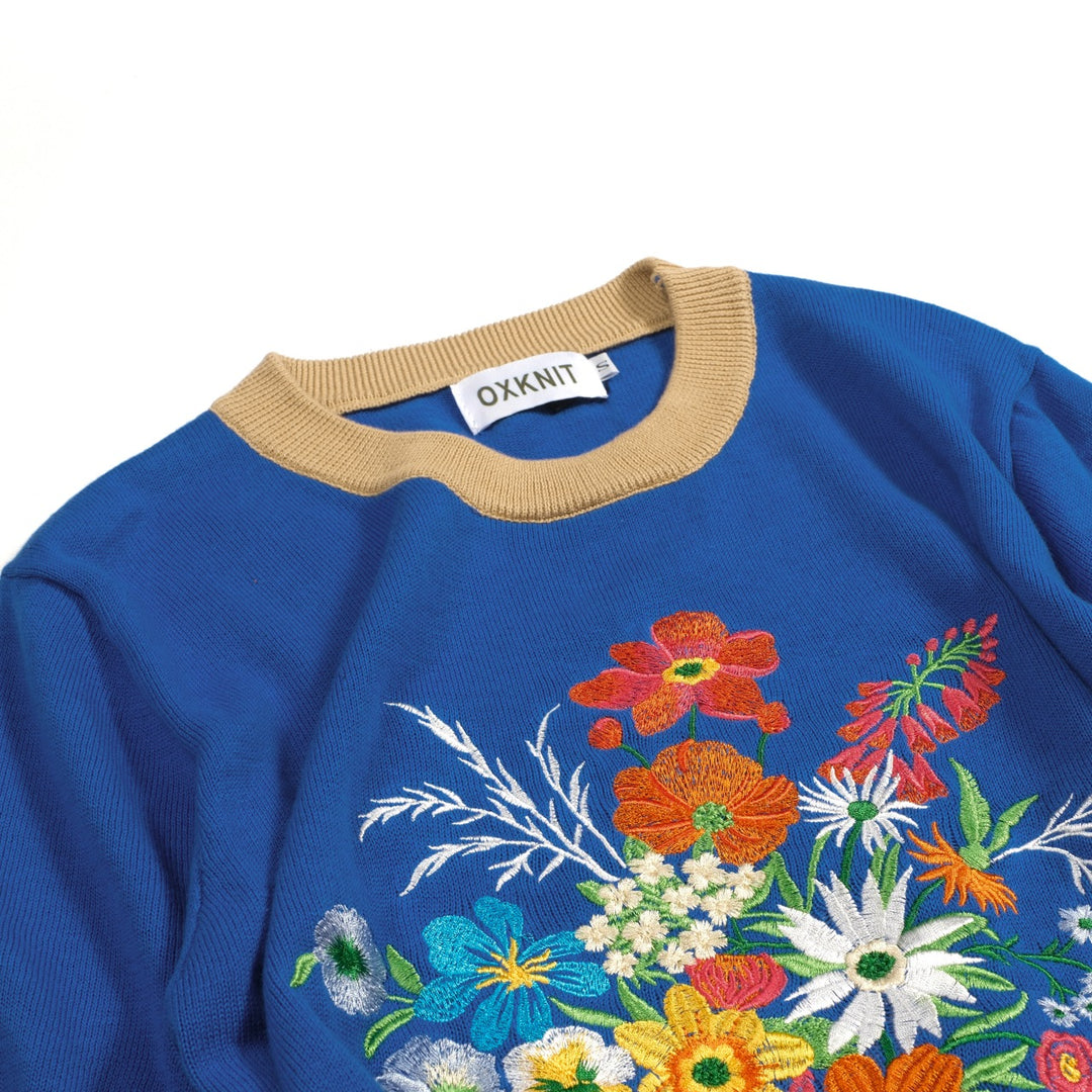 Maglietta da donna blu navy con ricamo floreale retrò