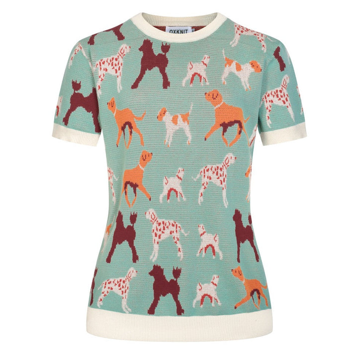 Maglietta Verde da Donna con Cane Retrò Divertente in Maglia Jacquard